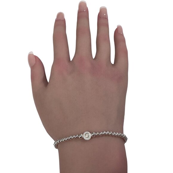 925 Sterling Silver Beaded Stretch Stacking Bracelet MOP Letter Initial G - Picture 6 of 6